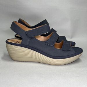 Clarks Reedly Juno Sandals Women's Size 8.5W Blue Nubuck Leather Wedge Platform
